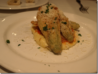 Zucchini Flowers with Creamy Polenta, Pancetta, and Tomatoes 