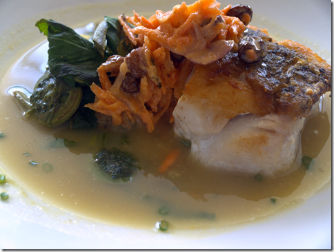 Seared Tilefish Fillet with Organic Potatoes, Fiddlhead Ferns, Wild Ramps. Cilantro, Curried Potato Broth and Minted Carrot Salad