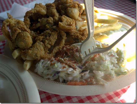 fried clams with french fries and cole slaw