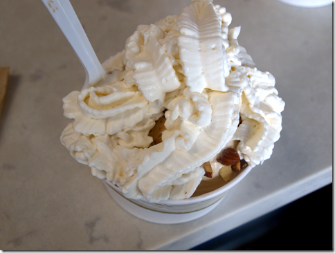 Four Seas banana ice cream with hot fudge, almonds, and whipped cream 