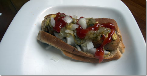 Trader Joe's jalapeno chicken sausage with relish,onions, ketchup, mustard 