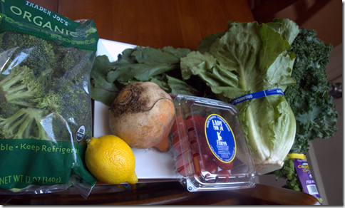 organic broccoli, lemon, yellow beet, grape tomatoes, lettuce, kale