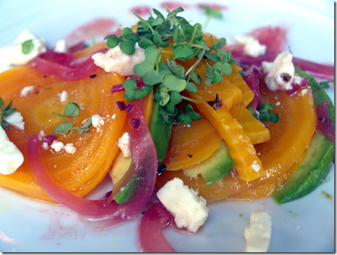 Bergamot beets with avocado, goat cheese, red onion 