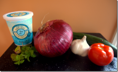 ingredients for a yogurt marinade, yogurt, mint, red onion, garlic, tomato, and cucumber 