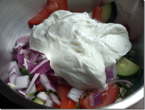Greek yogurt, red onion, tomato, cucumber, garlic, mint 