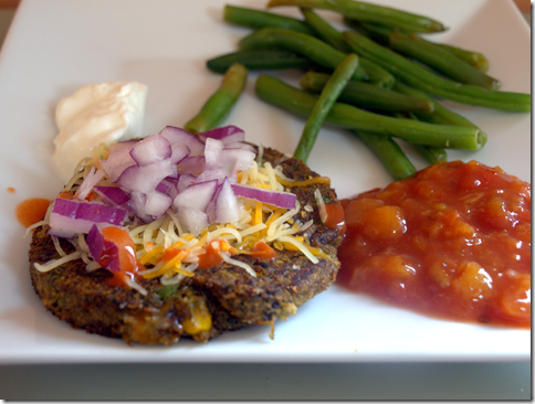 Dr. Praeger's burger with peach salsa and green beans