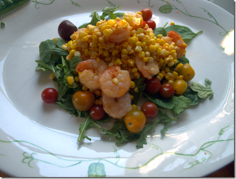 shrimp, corn, arugula, heirloom tomatoes 