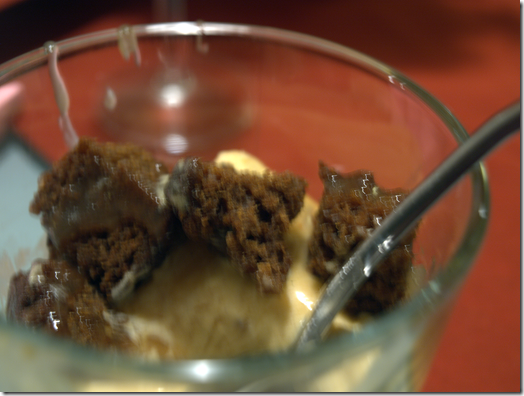 pumpkin ice cream with gingerbread croutons and spiced caramel