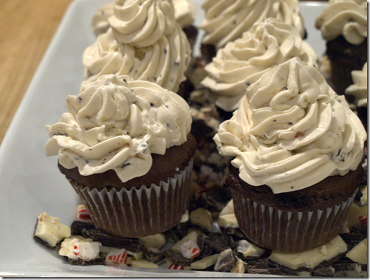 chocolate cupcakes with peppermint bark buttercream