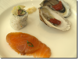 smoked salmon, oysters, sushi