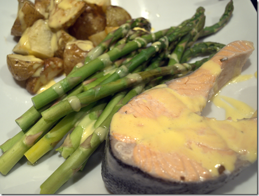 salmon, asparagus, and potatoes with Hollandaise