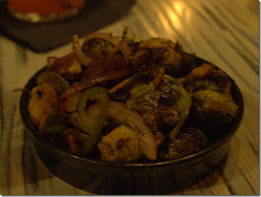 Brussels sprouts with bacon, kumquats, mint and jalapenos