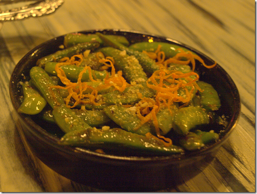 Snap Peas with orange zest, Tabasco butter and “crunchies” 