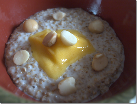 coconut oats with mango and macadamia nuts