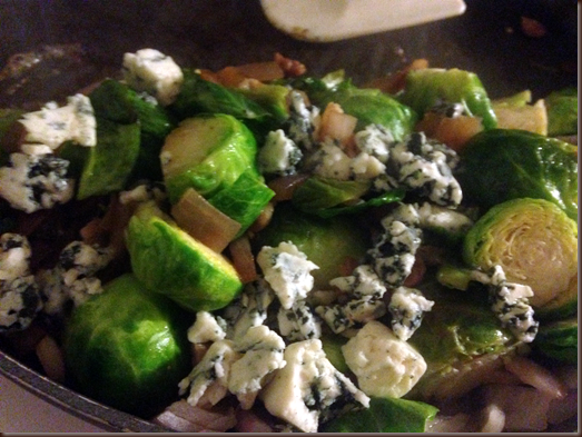 Brussels sprouts with blue cheese, onions, and bacon