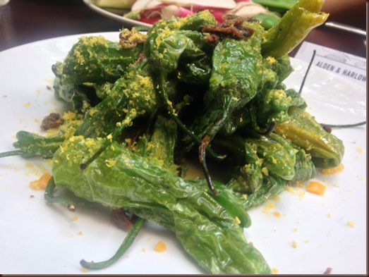 fried shishitos, anchovy, grated egg yolk