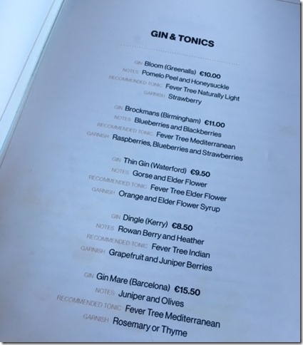 gin and tonic menu